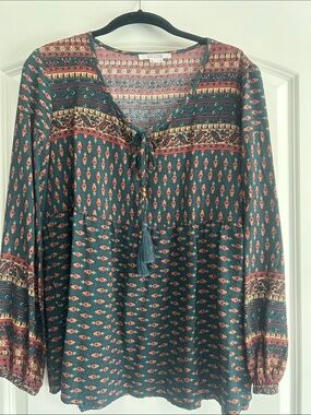 VENUS Teal Printed Long-Sleeve Tassel Peasant Top